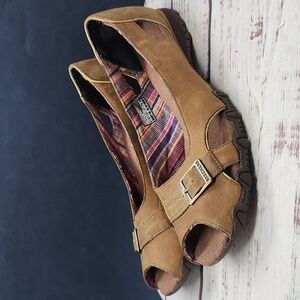 Skechers | Y2K‎ Bikers Brown Leather Peep Toe Flats Shoes Size 9.5